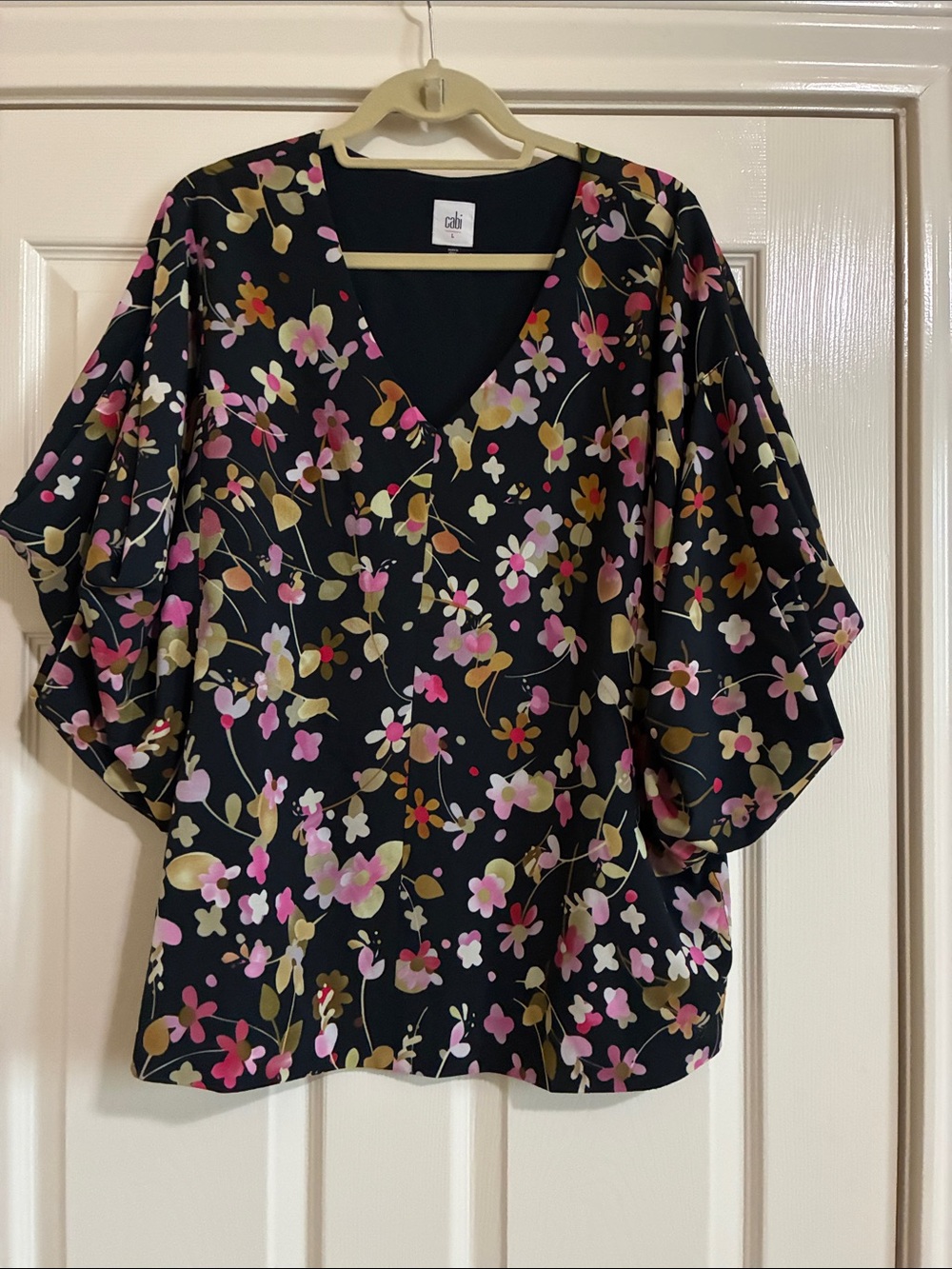CAbi 3695 Dark Navy Floral V-Neck Blouse with Pink & Gold Blooms